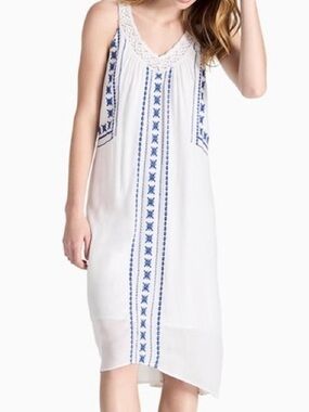 Lucky Brand White Dress with Blue Embroidered Trim
